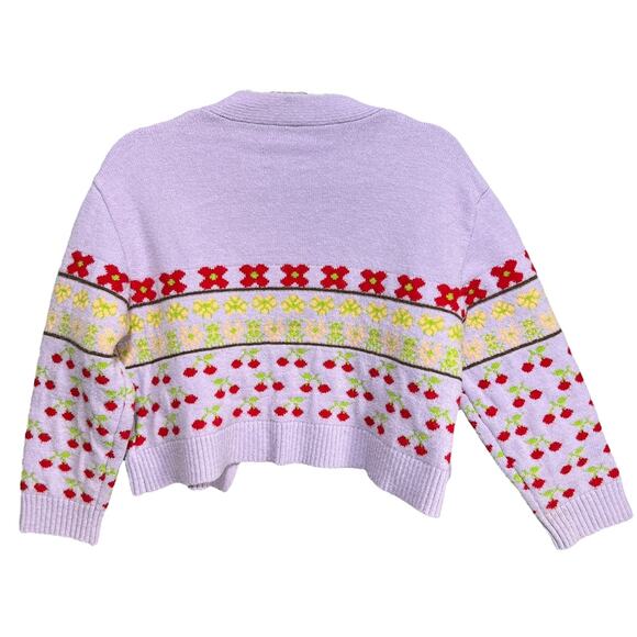 ZARA Womens Cropped Jacquard Knit Cherry Cardigan Sz M Sweater Cottage Coquette - Picture 4 of 11